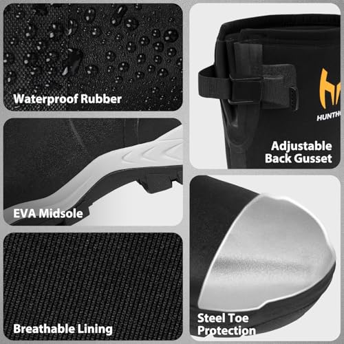 Hunthor Black Rubber Work Boots for Men with Steel Toe Waterproof - Size 10