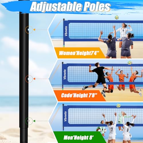 Vbneto Blue Volleyball Net for Backyard No Sagging Heavy Duty Outdoor Portable Set with Poles, Adjustable Height, Includes Volleyball & Carry Bag