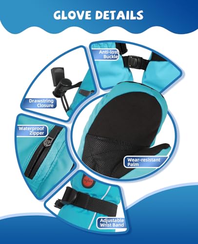 Kids Heated Winter Gloves with Rechargeable Battery, Water Resistant & Windproof, Blue, Large