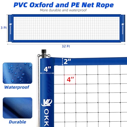 OKKMAX Blue Outdoor Volleyball Net Set with Adjustable Poles, Anti-Sag Design & Accessories
