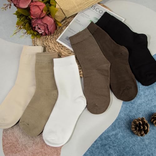 Justay Crew Socks for Women - Cute Knit Cotton Dress Socks, One Size, Dark Brown & Light Khaki
