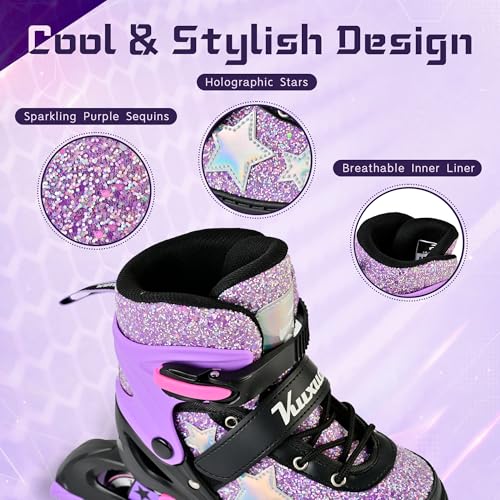 Kuxuan Adjustable Kids Inline Skates for Girls & Women - Purple Star, Large Youth 4.5-7 US