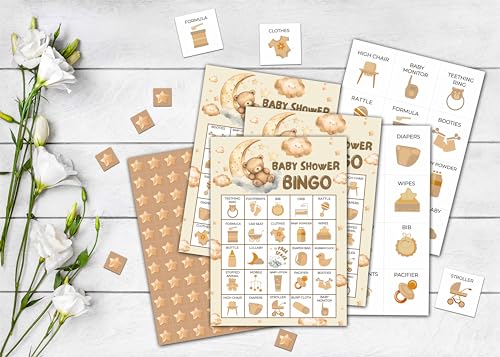 Bear Baby Shower Bingo Party Game Cards Moon & Stars Themed Gender Reveal