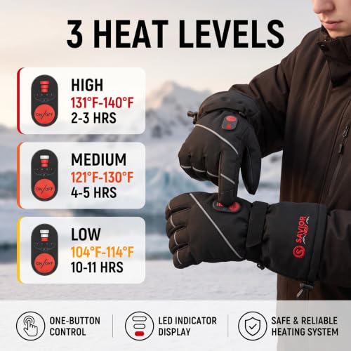 SAVIOR HEAT Rechargeable Heated Gloves for Men & Women, Large Black