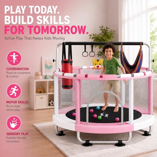 Pink & White 55-Inch Toddler Trampoline for Kids Ages 3-8 Indoor & Outdoor with Basketball & Accessories