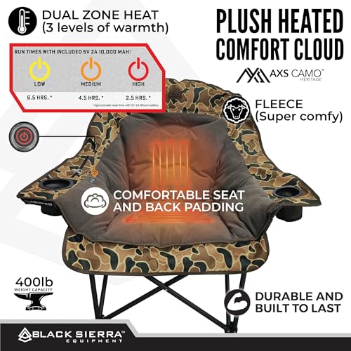 Black Sierra Heated Camping Chair XL Folding Seat with 3‑Level Heat & Battery Pack