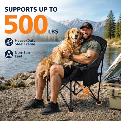 Oversized Heavy Duty Camping Chair with Cooler Bag & Padded Seat - Black, Non-Heating