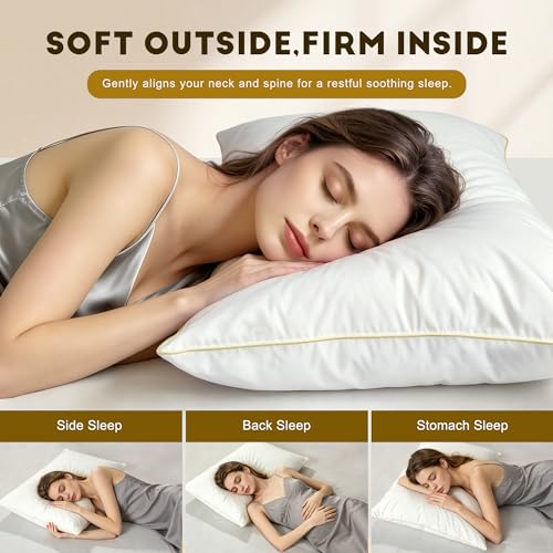 FARINA Queen Size Goose Feather Down Pillows Set of 2 with 600T Cotton Cover