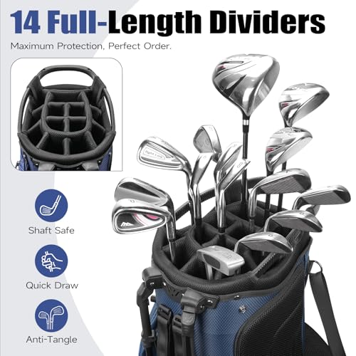 Findway Blue 14-Way Golf Stand Bag with Rain Cover & Padded Straps, Lightweight