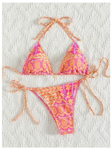 Women's 2 Piece Floral Bikini Set - Pink Yellow Multi, X-Small, Geometric Halter String Triangle Swimsuit