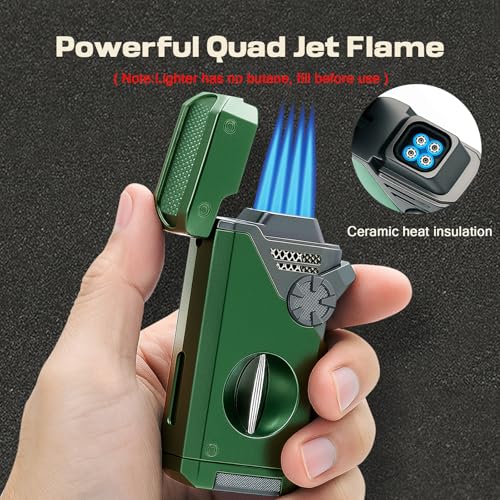 5 in 1 Butane Torch Lighter with Windproof 4-Jet Flame, Refillable, Green