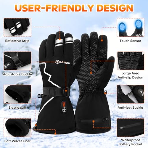 Multper Large Rechargeable Heated Gloves for Men Women - Touchscreen Waterproof Winter Outdoor Gear
