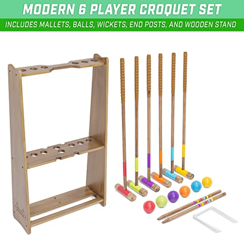 Premium Wooden Croquet Set with Six Mallets and Stained Hardwood Stand