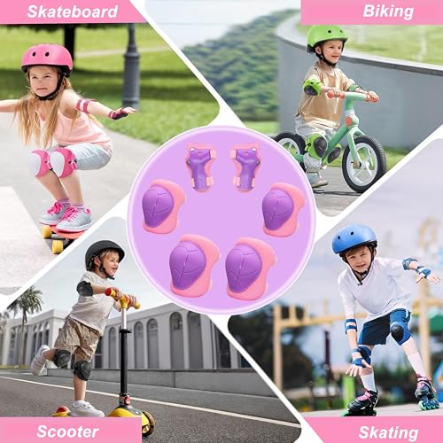 Kids Knee and Elbow Pads Wrist Guards Set - Purple Pink, S (3-7 Years)