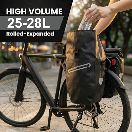 28L Waterproof Bike Pannier Bag with Reflective Details - Black, 2pcs