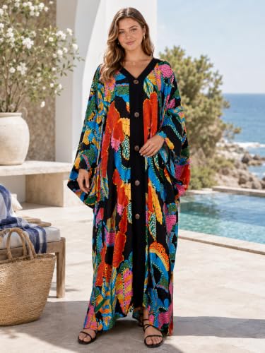 Women's V Neck Kaftan Dress Batwing Sleeve Cover Up Side Slit Swimsuit One Size Black with Colorful Leaves