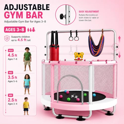 Pink & White 55-Inch Toddler Trampoline for Kids Ages 3-8 Indoor & Outdoor with Basketball & Accessories