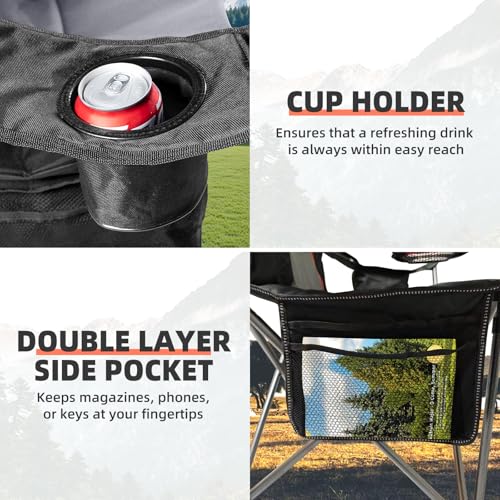 Foristrail 2-Pack Heavy Duty Folding Camping Chairs with Lumbar Support & Cup Holders, Black & Light Gray