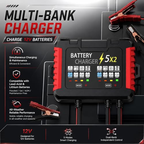 12V 2-Bank Marine Battery Charger 10A Waterproof 6-Stage Trickle Charger