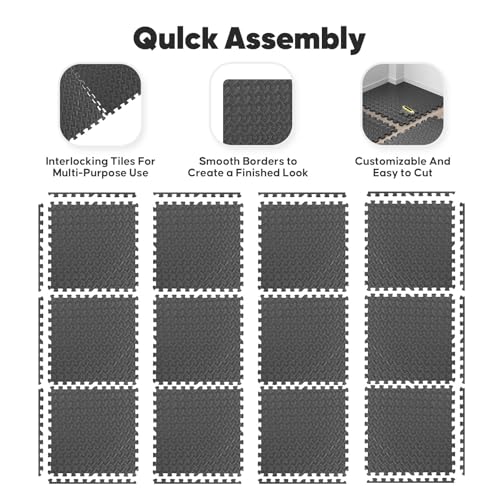 Black Interlocking Foam Exercise Mats - 36 Pack, 144 sq ft Home Gym Flooring