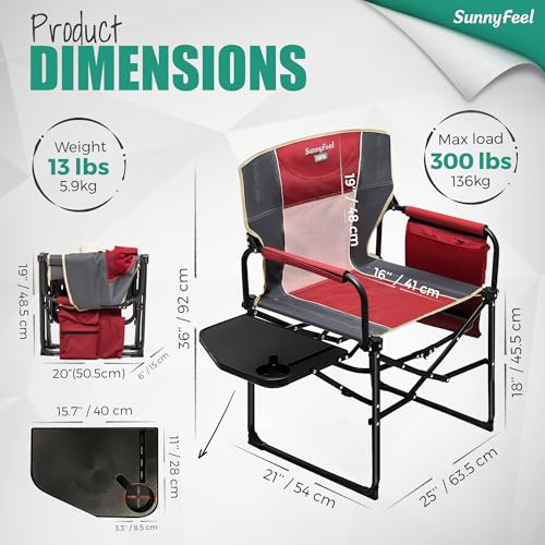 Sunnyfeel Red Oversized Camping Director Chair with Side Table & Storage