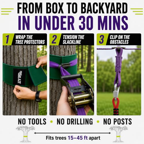 Kids Outdoor Ninja Warrior Obstacle Course with 2x55ft Slacklines - Purple, 10 Obstacles