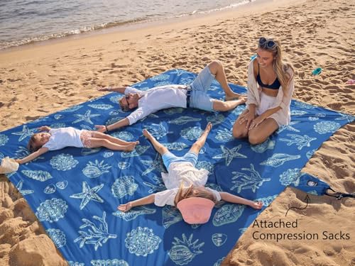 Oversized Waterproof Sandproof Beach Blanket with Stakes & Pockets - Blue Sea Shells, 9x8 ft