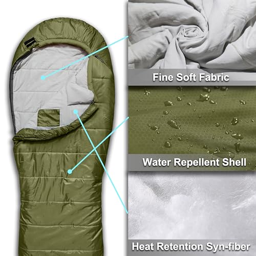 Loden Green 0°F Mummy Sleeping Bag for Adults & Youth - XXL 4-Season Warm Camping
