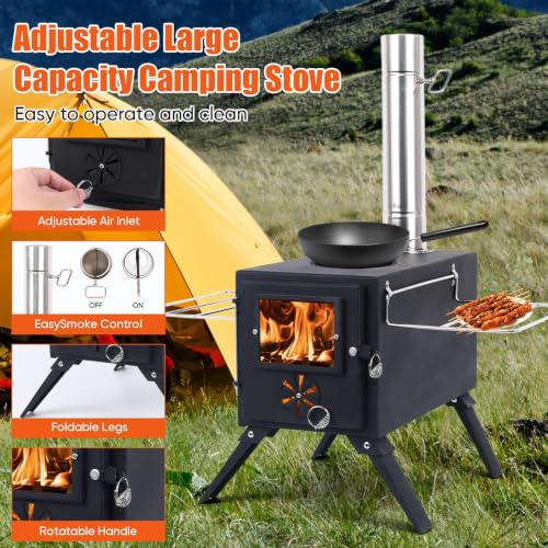 Black Portable Wood Burning Tent Stove with Chimney Pipes for Outdoor Heating and Cooking