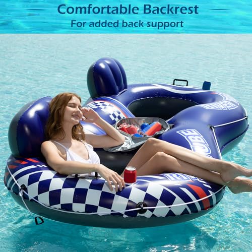 Blue Inflatable River Tube Float for 2 Adults with Removable Cooler & Cup Holders - Heavy Duty Pool Lounger