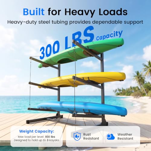 3-Level Kayak Storage Rack, Freestanding Steel Stand for Garage