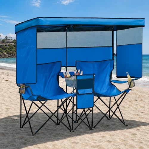 Blue Double Beach Chair with Canopy Shade, Cooler Bag & Cup Holders - Oversized Folding Loveseat for Camping & Beach