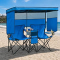 Blue Double Beach Chair with Canopy Shade, Cooler Bag & Cup Holders - Oversized Folding Loveseat for Camping & Beach