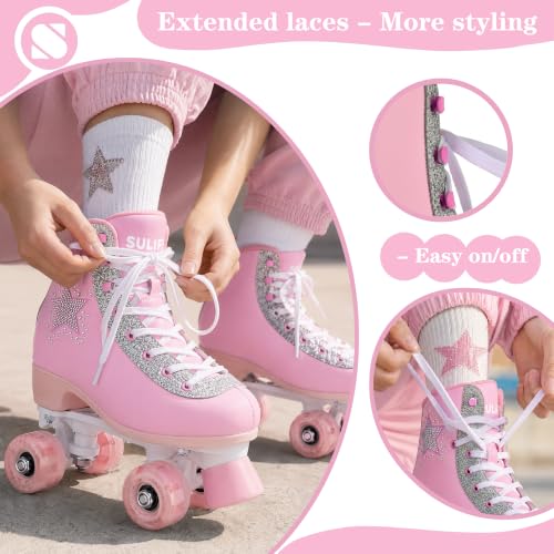 SULIFEEL Pink Girls & Women Roller Skates Size 3-4 with Light-Up Wheels