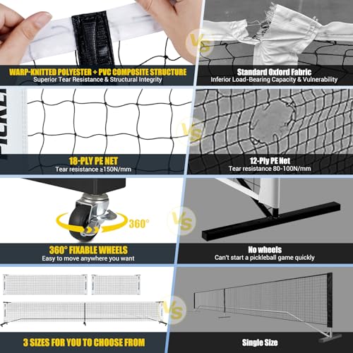 Fostoy Portable Pickleball Net Set with Wheels, 22FT & Half Court 11FT - 3in1 Black & White