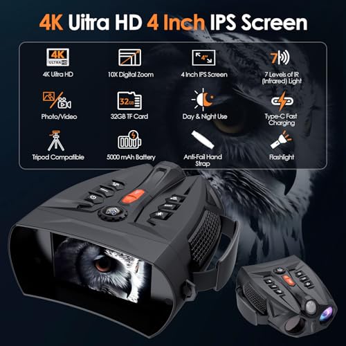 Digital Night Vision Binoculars for Adults - 10X Zoom, 4-Inch IPS Screen, Infrared, Black