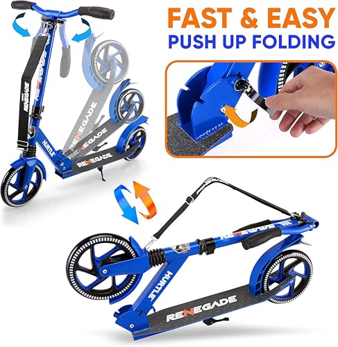 Hurtle Renegade Blue Kids & Teen Folding Kick Scooter - Adjustable T-Bar, Alloy Deck