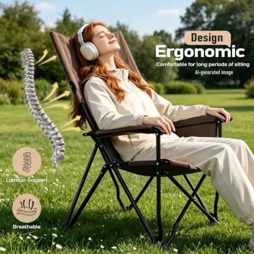 Khaki Portable Folding Camping Chair with High Back and Storage Bag