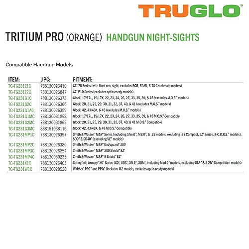 Truglo Tritium Pro Night Sights for Walther P99 & PPQ with Orange Ring - Compact Gun Sight Set