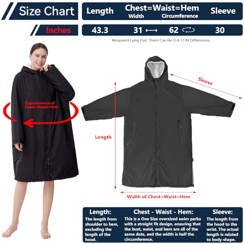 Waterproof Swim Poncho with Sherpa Lining - Windproof Surf Parka, One Size, Black