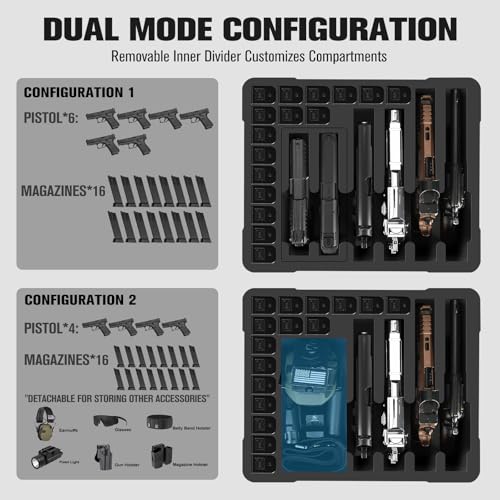 6 Pistol & 16 Magazine Gun Case with Lock - Modular Storage for Multiple Firearms