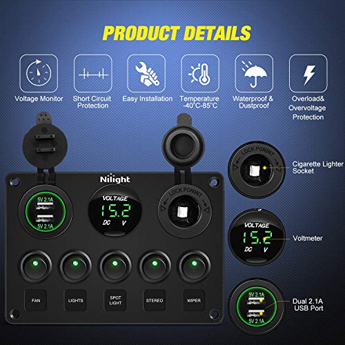 Nilight 5 Gang Multi-Function Rocker Switch Panel with USB Volt Meter Waterproof - Green