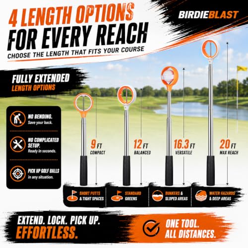 16.3Ft Stainless Steel Telescopic Golf Ball Retriever with Orange & White Handle