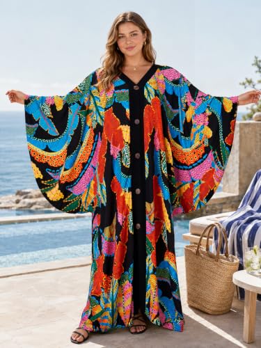 Women's V Neck Kaftan Dress Batwing Sleeve Cover Up Side Slit Swimsuit One Size Black with Colorful Leaves