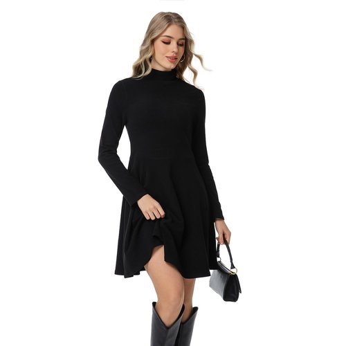 Chongbaijia Long Sleeve Dress for Women Turtleneck Ribbed Knit A-Line Flowy Casual Elegant Fall Winter Fashion Short Dresses Black
