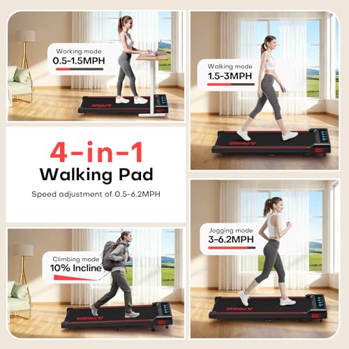 FOUSAE Black Red Walking Pad Treadmill with Incline 6.2MPH, LED Display, 2.75HP, Remote
