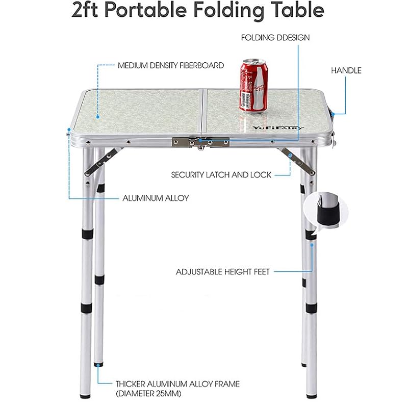 Portable Aluminum Camping Table - Small Foldable Picnic & Travel Desk, Silver & Sage Gray, 24 x 16 Inches, Adjustable Height