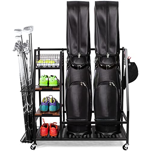 2pcs Golf Bag Storage Rack with Wooden Shelf & Lockable Wheels - Fits 2/3 Golf Bags & Accessories