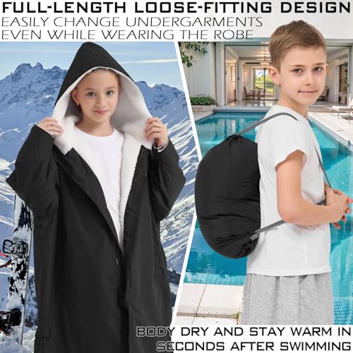 Kids Windproof Sherpa-Lined Swim Parka - Unisex Waterproof Coat, Size S - Black