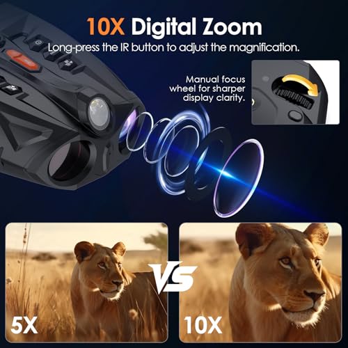 Digital Night Vision Binoculars for Adults - 10X Zoom, 4-Inch IPS Screen, Infrared, Black